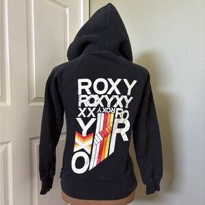 Vintage Roxy black zip up hoodie w soft fleece hood and thumb holes. Size small